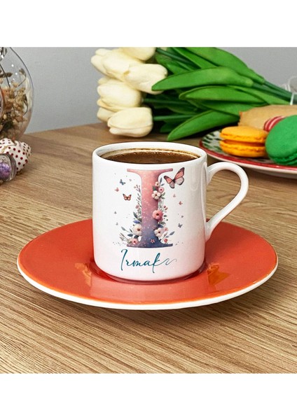 Kişiye Özel Çiçekli Kelebekli Turuncu I Harfli Türk Kahvesi Fincanı