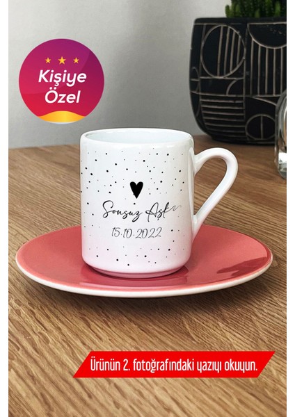 Kişiye Özel Pembe Aşk ve Tarih Yazılı Türk Kahvesi Fincanı Sevgili Hediye