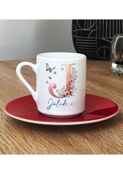 Kişiye Özel Çiçekli Kelebekli Kırmızı Türk Kahvesi Fincanı Isimli
