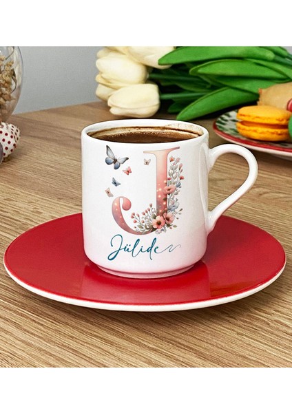 Kişiye Özel Çiçekli Kelebekli Kırmızı Türk Kahvesi Fincanı Isimli fırsatları