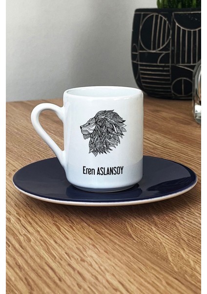Kişiye Özel Aslan Tasarımlı Türk Kahvesi Fincanı, Lacivert Hayvan Figürlü
