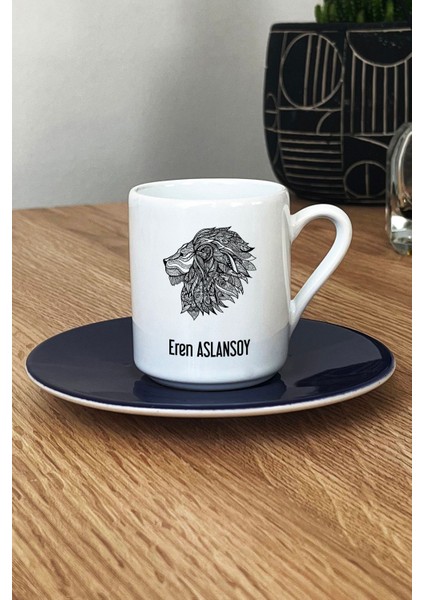 Kişiye Özel Aslan Tasarımlı Türk Kahvesi Fincanı, Lacivert Hayvan Figürlü modelleri