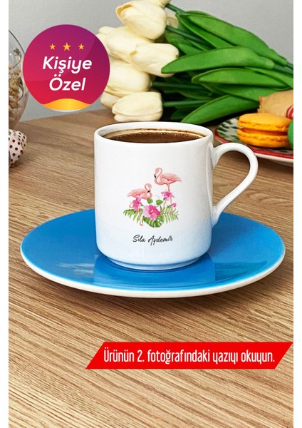 Kişiye Özel Flamingo Desenli Türk Kahvesi Fincanı, Mavi Renk