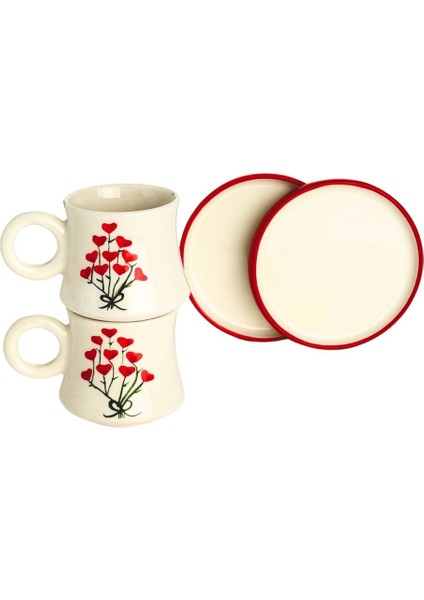El Yapımı 2’li Seramik Kalp Buketi Kahve Fincanı Seti, Beyaz Renk