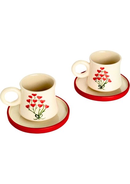 El Yapımı 2’li Seramik Kalp Buketi Kahve Fincanı Seti, Beyaz Renk modelleri