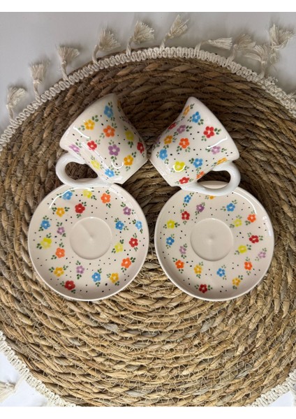 Renkli El Yapımı Seramik Kahve Fincan Seti, 2 Kişilik, 4 Parça