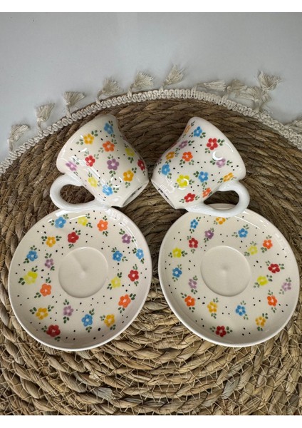 Renkli El Yapımı Seramik Kahve Fincan Seti, 2 Kişilik, 4 Parça