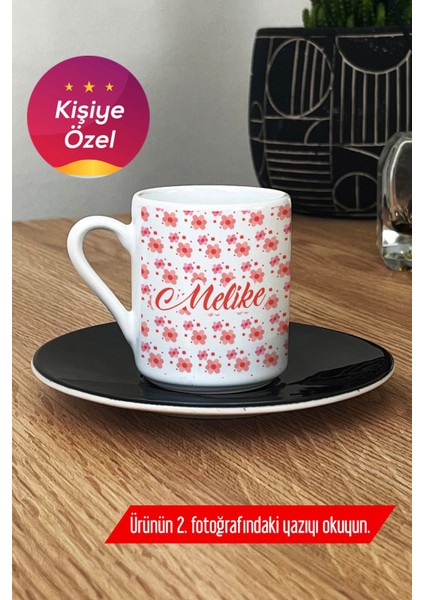 Kişiye Özel Siyah Çiçek Desenli Türk Kahvesi Fincanı - 8'li Set