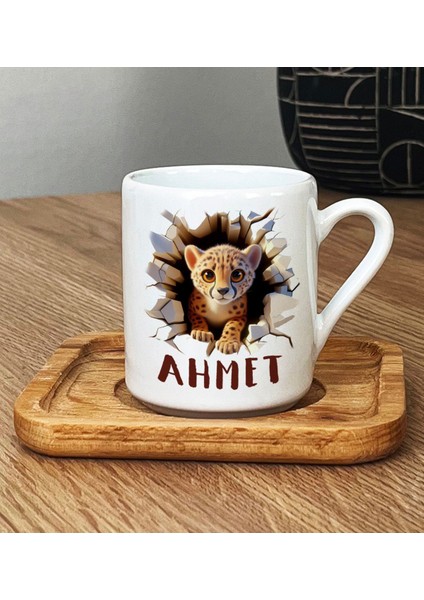 Kişiye Özel 3D Çita Temalı Türk Kahvesi Fincanı Ahşap Altlıkli modelleri
