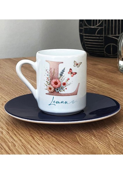 Kişiye Özel Çiçekli Kelebekli L Harfli Türk Kahvesi Fincanı Lacivert