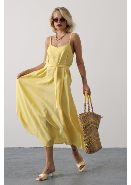Askılı Basic Uzun Elbise - Sarı