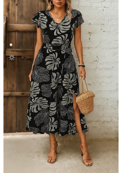 Kadın Kısa Kollu V Yakalı Desenli Yandan Yırtmaçlı Süprem Elbise fiyatları