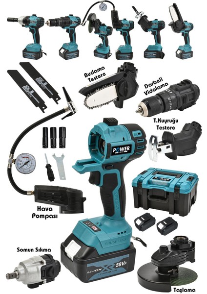 6'lı Çok Amaçlı Havalı Takım Seti, Şarjlı Matkap, Testere, Taşlama, Sökme Mavi