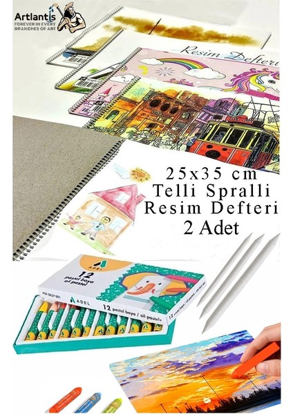 12 Renk Adel Pastel Boya 25X35 cm Telli Spralli Resim Defteri Pastel Dağıtma Kalemi 15 Yaprak Resim Defteri Yağlı Pastel