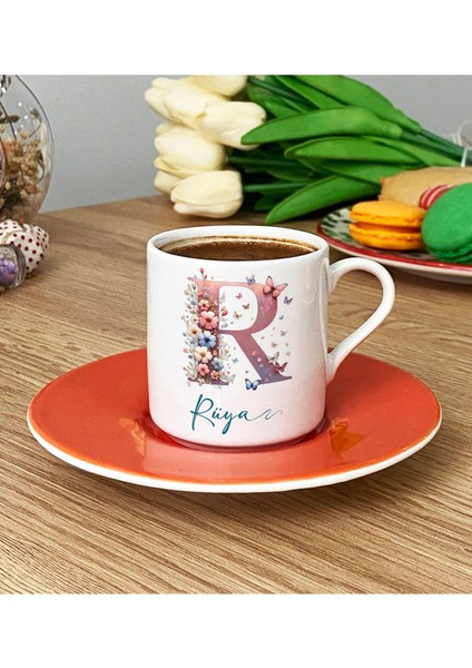 Kişiye Özel Turuncu Çiçekli Kelebekli R Harfli Türk Kahvesi Fincanı