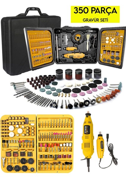 350 Parça Çift Makinalı Gravür ve Taşlama Seti, Zımpara ve Oyma Aletleri