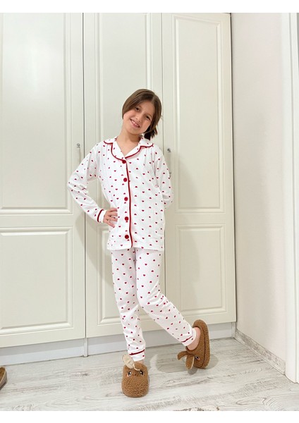 Kız Çocuk Kalpli Önden Düğmeli Pamuklu Pijama Takımı 7/8-8/9-9/10 Yaş