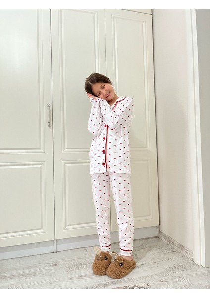 Kız Çocuk Kalpli Önden Düğmeli Pamuklu Pijama Takımı 7/8-8/9-9/10 Yaş fiyatları