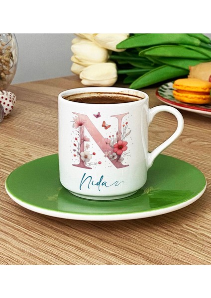 Kişiye Özel Çiçekli Kelebekli Yeşil N Harfli Türk Kahvesi Fincanı