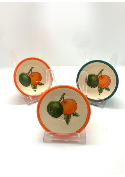 Yeşil Turuncu Bodrum Mandalin Desenli Seramik Kase Reçellik Çerezlik Lokumluk 3’lü Set