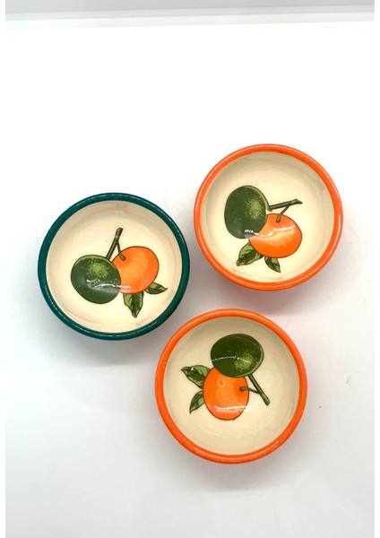 Yeşil Turuncu Bodrum Mandalin Desenli Seramik Kase Reçellik Çerezlik Lokumluk 3’lü Set modelleri