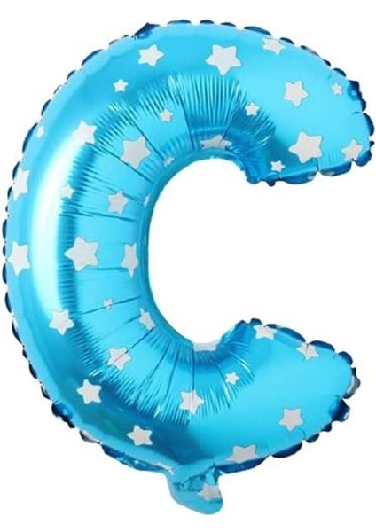 Vitrini C Harfi 16 Inç Mavi Yıldızlı Renk Folyo Balon 36 cm (Mavi)