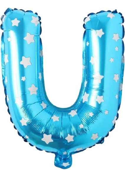 Vitrini U Harfi 16 Inç Mavi Yıldızlı Renk Folyo Balon 36 cm (Mavi)