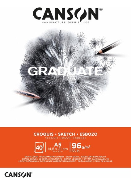 Graduate Light Grain 96GSM A5 Eskiz Kağıt Tabakası, Yapıştırılmış Kısa Taraf, 40 Doğal Beyaz Levha, Profesyonel Sanatçılar ve Öğrenciler Için Ideal