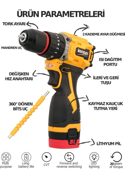 12V Şarjlı Matkap Armut Tipi Çift Akülü Vidalama ve Delme Özellikli Çantalı Profesyonel Matkap Seti