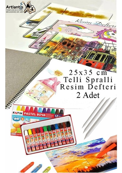 12 Renk Fatih Pastel Boya 25X35 cm Telli Spralli Resim Defteri Pastel Dağıtma Kalemi 15 Yaprak Resim Defteri Yağlı