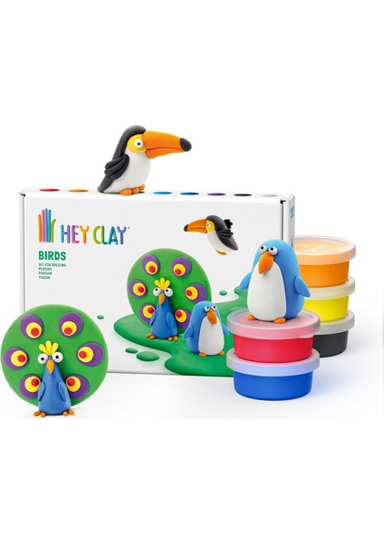 Clay Kuşlar: Toucan, Penguen, Tavuskuşu Seti - Hava Kuru Kil Kiti 6 Kutu ve Eğlenceli Interaktif Talimatlar Uygulaması ile Şekillendirme Araçları