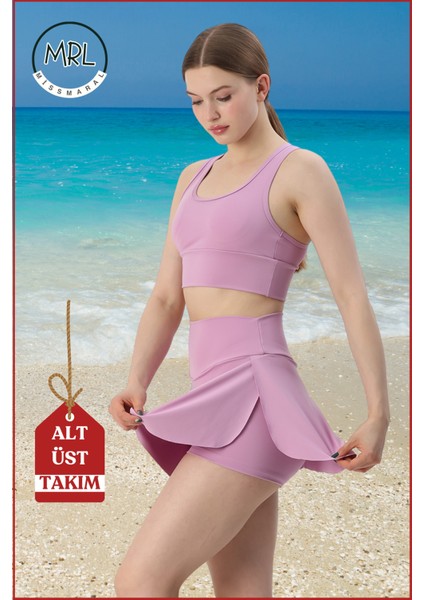 Kadın Alt-Üst Takım Şort & Sabit Pedli Üst Crop Denizde Havuzda Sporda Swimsuit Lila Takım 3107