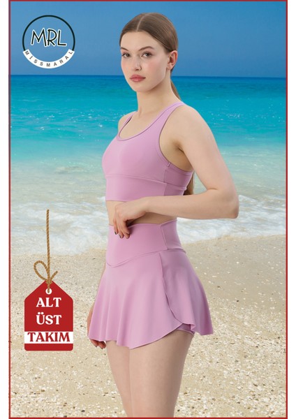 Kadın Alt-Üst Takım Şort & Sabit Pedli Üst Crop Denizde Havuzda Sporda Swimsuit Lila Takım 3107 fiyatları