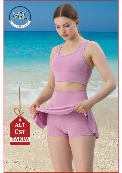 Kadın Alt-Üst Takım Şort & Sabit Pedli Üst Crop Denizde Havuzda Sporda Swimsuit Lila Takım 3107 modelleri