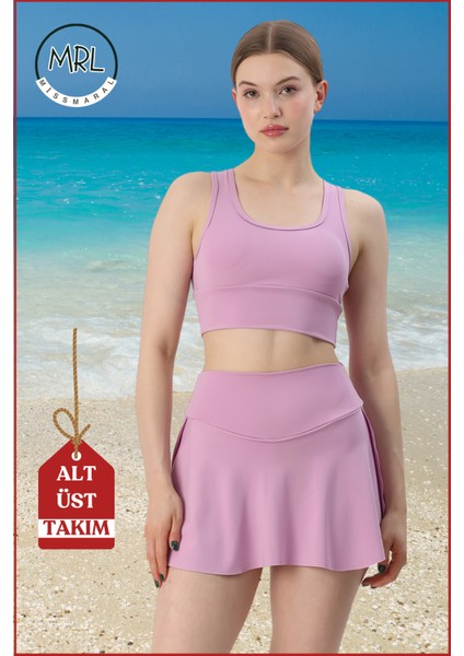 Kadın Alt-Üst Takım Şort & Sabit Pedli Üst Crop Denizde Havuzda Sporda Swimsuit Lila Takım 3107 indirimleri