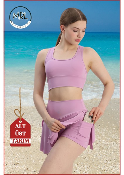 Kadın Alt-Üst Takım Şort & Sabit Pedli Üst Crop Denizde Havuzda Sporda Swimsuit Lila Takım 3107