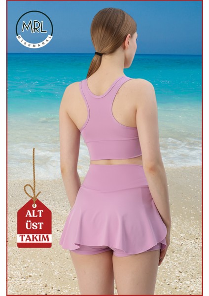 Kadın Alt-Üst Takım Şort & Sabit Pedli Üst Crop Denizde Havuzda Sporda Swimsuit Lila Takım 3107