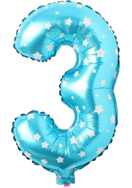 Vitrini 3 Rakamlı 16 Inç Mavi Yıldızlı Folyo Balon 36 cm (Mavi)