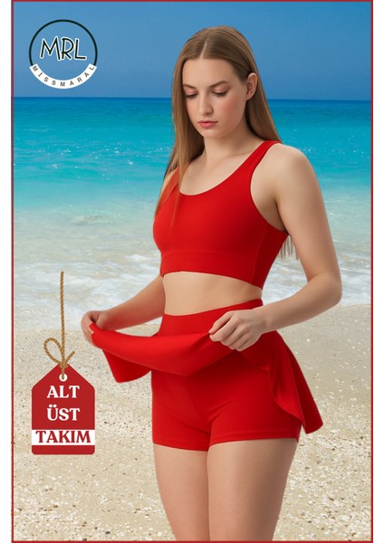 Kadın Alt-Üst Takım Şort & Sabit Pedli Üst Crop Deniz Havuz Sporda Swimsuit Kırmızı Takım 3107 fiyatları