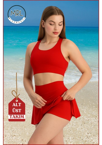 Kadın Alt-Üst Takım Şort & Sabit Pedli Üst Crop Deniz Havuz Sporda Swimsuit Kırmızı Takım 3107 modelleri