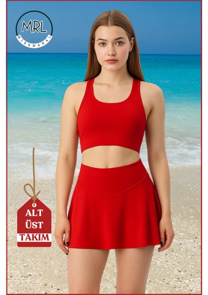 Kadın Alt-Üst Takım Şort & Sabit Pedli Üst Crop Deniz Havuz Sporda Swimsuit Kırmızı Takım 3107 fırsatları