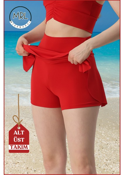 Kadın Alt-Üst Takım Şort & Sabit Pedli Üst Crop Deniz Havuz Sporda Swimsuit Kırmızı Takım 3107 indirimleri