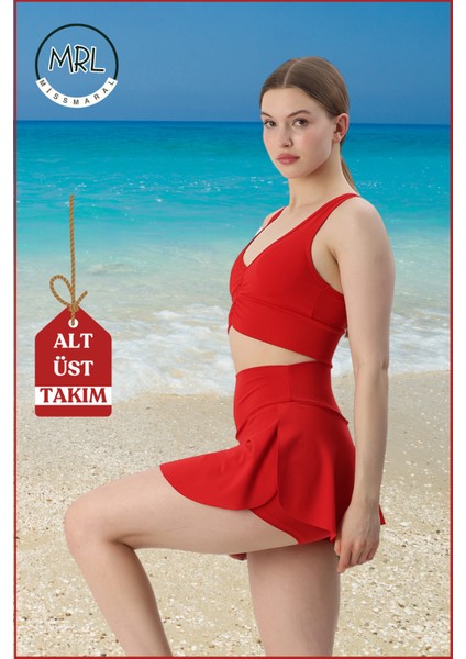Kadın Alt-Üst Takım Şort & Sabit Pedli Üst Crop Deniz Havuz Sporda Swimsuit Kırmızı Takım 3107