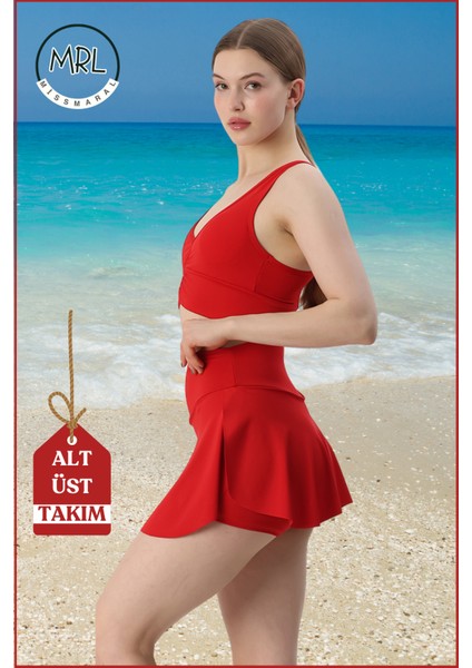 Kadın Alt-Üst Takım Şort & Sabit Pedli Üst Crop Deniz Havuz Sporda Swimsuit Kırmızı Takım 3107