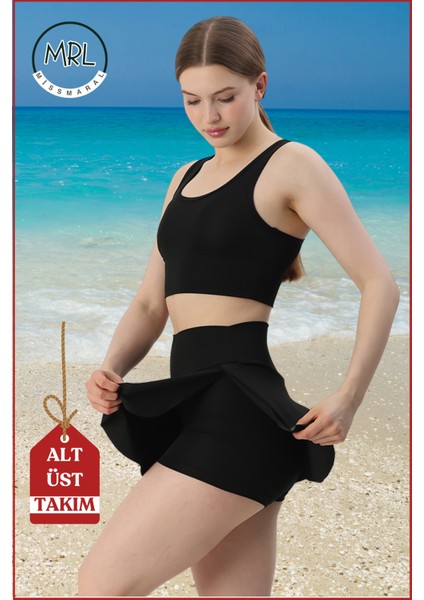 Kadın Siyah Alt-Üst Takım Şort & Sabit Pedli Üst Crop Denizde Havuzda Sporda Swimsuit TAKIM33107