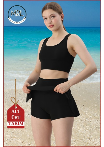Kadın Siyah Alt-Üst Takım Şort & Sabit Pedli Üst Crop Denizde Havuzda Sporda Swimsuit TAKIM33107 fiyatları