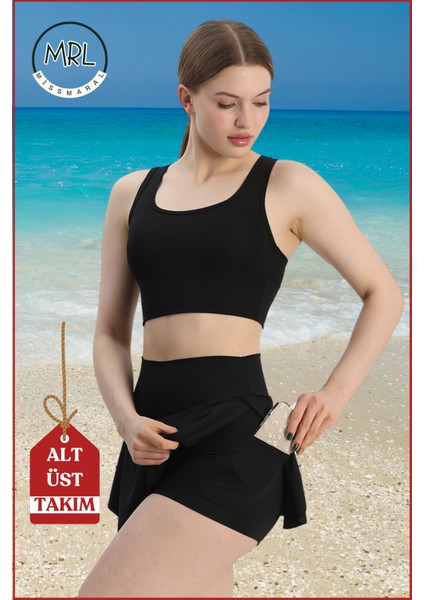 Kadın Siyah Alt-Üst Takım Şort & Sabit Pedli Üst Crop Denizde Havuzda Sporda Swimsuit TAKIM33107 modelleri
