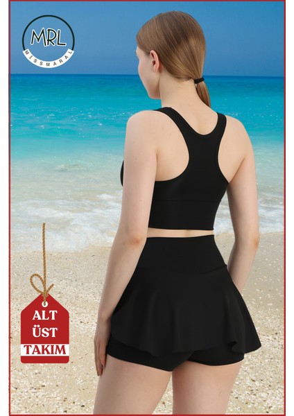Kadın Siyah Alt-Üst Takım Şort & Sabit Pedli Üst Crop Denizde Havuzda Sporda Swimsuit TAKIM33107 fırsatları