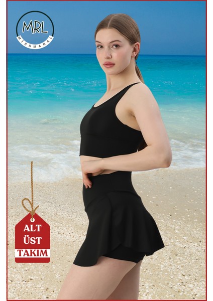 Kadın Siyah Alt-Üst Takım Şort & Sabit Pedli Üst Crop Denizde Havuzda Sporda Swimsuit TAKIM33107 indirimleri