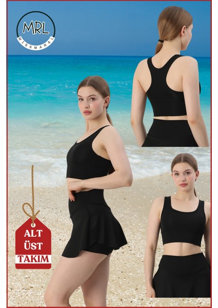 Kadın Siyah Alt-Üst Takım Şort & Sabit Pedli Üst Crop Denizde Havuzda Sporda Swimsuit TAKIM33107